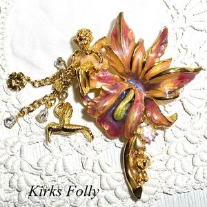 Kirks Folly Pink Gold Enamel Iris Cherub Hummingbird Rhinestone Pin Brooch RARE